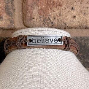 BELIEVE Bracelet Vintage LEATHER & CORDING Brown Adjust Metal Plate + or - 8"